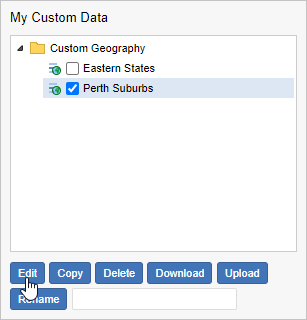 The My Custom Data panel with the group Perth Suburbs selected and the mouse pointer hovering over the Edit button