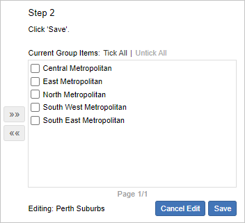 A list showing the individual items within the custom group