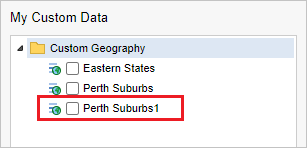 The My Custom Data panel with ah new group called Perth Suburbs1 added to the list