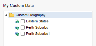 The My Custom Data Panel with groups called Eastern States, Perth Suburbs and one called Perth Suburbs1 that is selected
