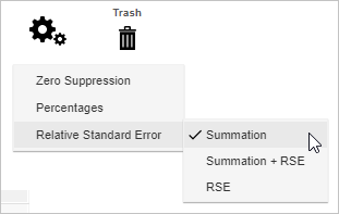 The SuperWEB2 settings menu with the Relative Standard Error submenu open and the Summation option selected