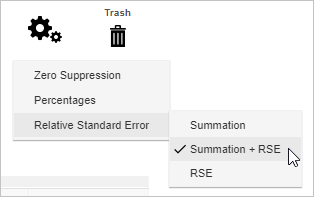 The SuperWEB2 settings menu with the Relative Standard Error submenu open and the Summation and RSE options selected