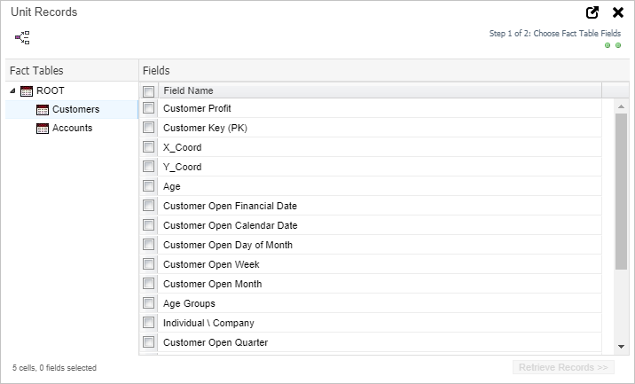 The Unit Records dialog with a list of available fields for selection