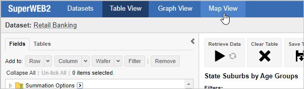 Table View with a table containing items from the Area field and the mouse pointer hovering over the Map View tab