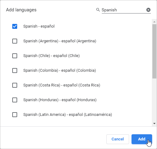 The Chrome browser Add Languages dialog wi Spanish entered in the seach bar and the option for Spanish - español selected