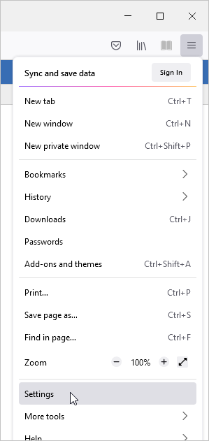 The Firefox Application menu with the mouse pointer clicking on the Settings option