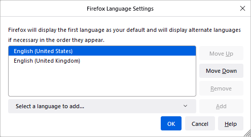 The Firefox Language Settings dialog