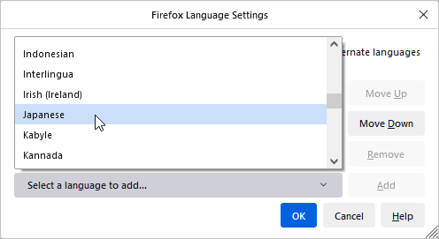 Clicking on Japanese from the Select a language pop-up menu