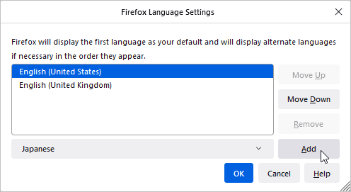 Th Fireforx Language Settings with Japanese selected and the mouse pointer clicking on Add