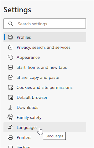 The Settings menu with the mouse pointer clicking on Languages