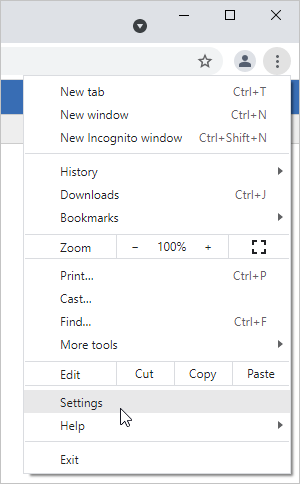 The Chrome browser menu with mouse pointer clicking the Settings option