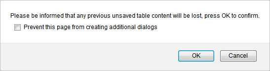 The Firefox browser dialog with the message Please be informed that any previous unsaved table content will be lost, press OK to confirm and an additional check box that says Prevent this page from creating additional dialogues