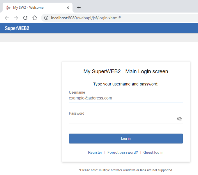 SuperWEB2 login screen with changes to the branding text parameters
