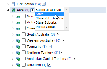 Selecting the State option from the Area Select All at Level dropdown box