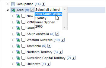 Selecting the State option by clicking New South Wales in the Area Select All at Level dropdown box