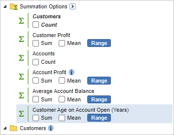 The new Customer Age on Account Open UDF listed as under the Summation Options