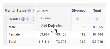 A table with the in-table menu open and the mouse pointer hovering over the Add Derivation option