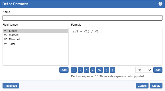 The Define Derivation dialog with the values from the Marital Status fields available for selection