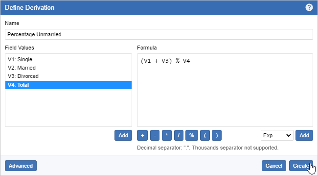 The Define Derivation dialog with a formula defined to calculate Single and Divorced as a percentage of the Total for the field Marital Status