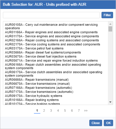 The Bulk Selection dialog for the Units of Competency prefixed AUR field showing the first page of results