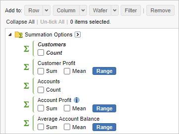 The available summation options that may be applied to the field list