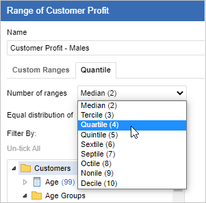 The Range dialog with the Quantile tab selected and the drop-down list showing available quantiles Median, Tercile, Quartile, Quintile, Sextile, Septile, Octile, Nonile, Decile