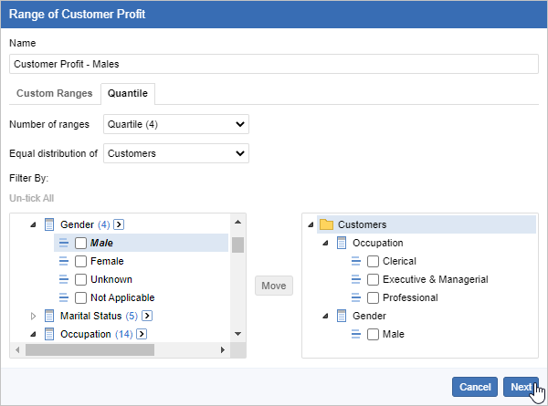 The Quantile tab with Quartile and an equal distribution of Customers selected, and field items from Occupation and Gender added to the filters