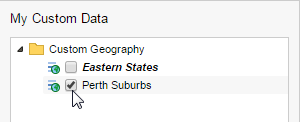 The My Custom Data Panel with a group called Eastern States and a group called Perth Suburbs that is selected