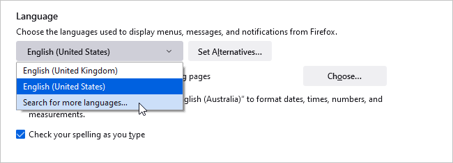 The Firefox language settings opitons with the mouse clicking on Search for more languages
