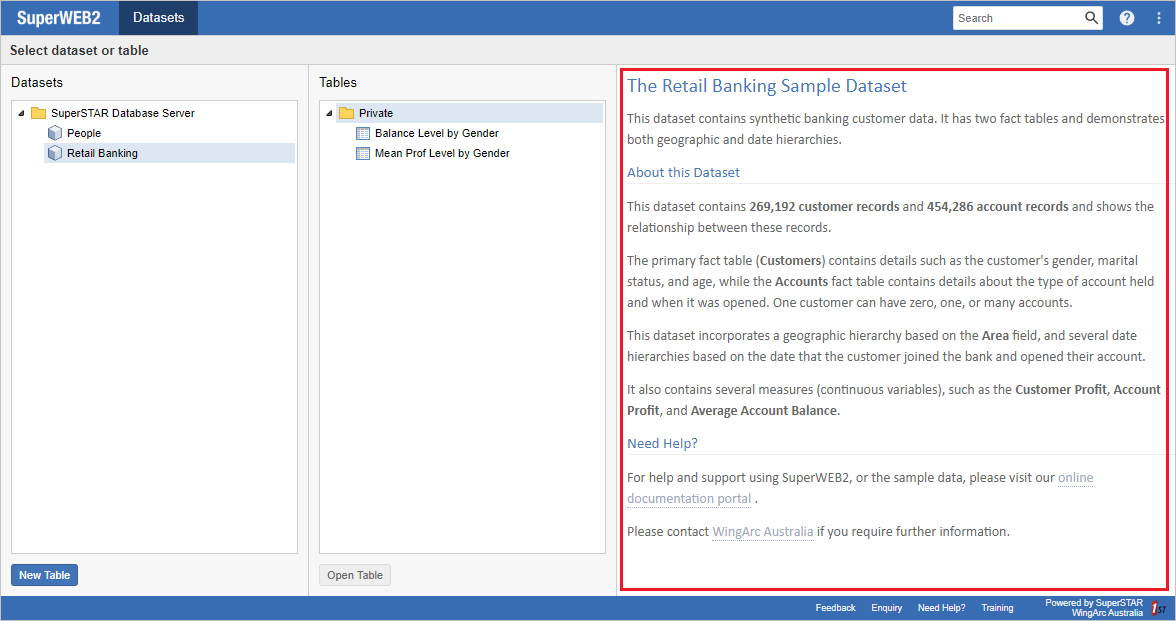 The SuperWEB2 Database calalogue with the customisable database information pane indicated by a red box