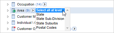 A drop-down list showing the Select all at level options for the Area field