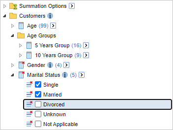 Use of black ring highlight and spacebar to select items within the field tree