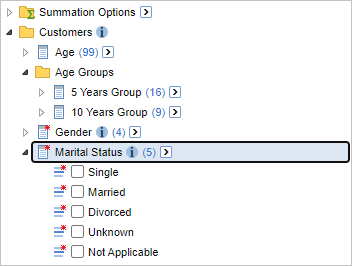 Use of black ring highlight and Enter button to open group items within the field tree