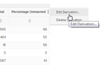 A table with the in-table menu open and the mouse pointer hovering over the Edit Derivation option