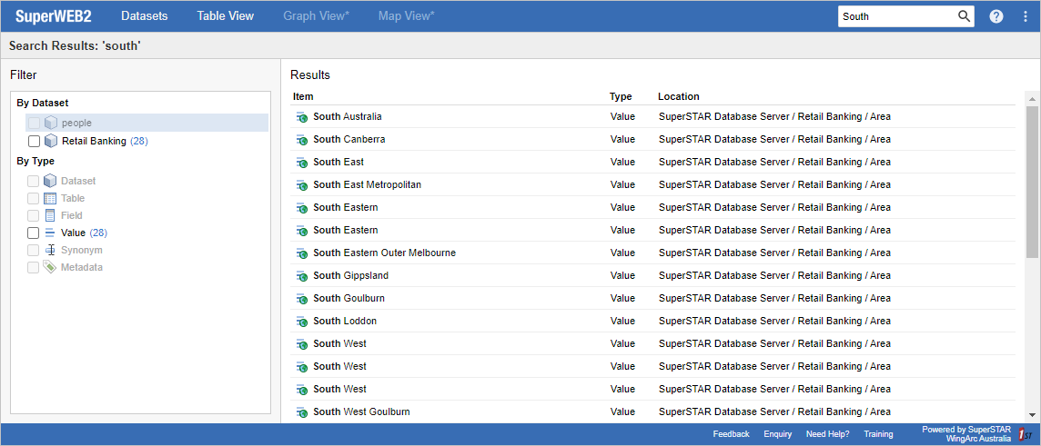 Search results for the query South, showing results like South Australia, South Canberra and so on