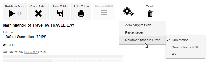 The SuperWEB2 settings menu with the Relative Standard Error submenu open