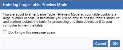 The Entering Large Table Preview Mode dialog