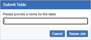 The Submit Table dialog with an option to enter the table name and the buttons Cancel and Queue Job