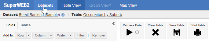 Table View with the mouse pointer hovering over the Datasets tab