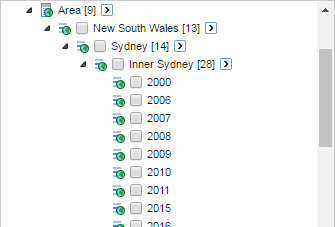 The field list showing the Area field at the State, Suburb and Postcode level