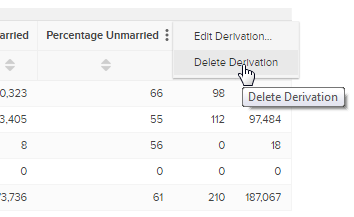 A table with the in-table menu open and the mouse pointer hovering over the Delete Derivation option