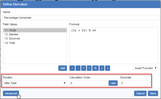 The Define Derivation dialog with the Advanced Options highlighted