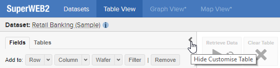 Clicking the Hide Customise Table button to collapse the list of fields
