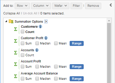 The available summation options in the field list