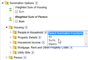 The list of available summation options grouped into folders with the Select Summation Functions drop-down menu open for one of the summation options