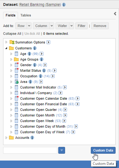The field list with the mouse pointer hovering over the Custom Data button