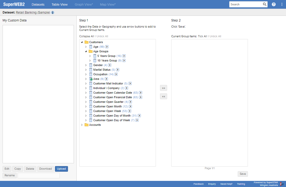 The My Custom Data screen showing a list of available fields for creating recodes (custom groups)