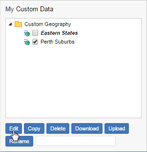 The My Custom Data pane with the group Perth Suburbs selected and the mouse pointer hovering over the Edit button