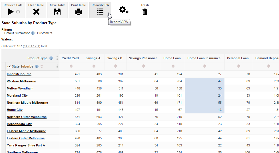 A table with a range of cells selected and the mouse pointer hovering over the RecordVIEW button