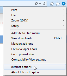The Internet Explorer menu with the mouse hovering over Internet Options